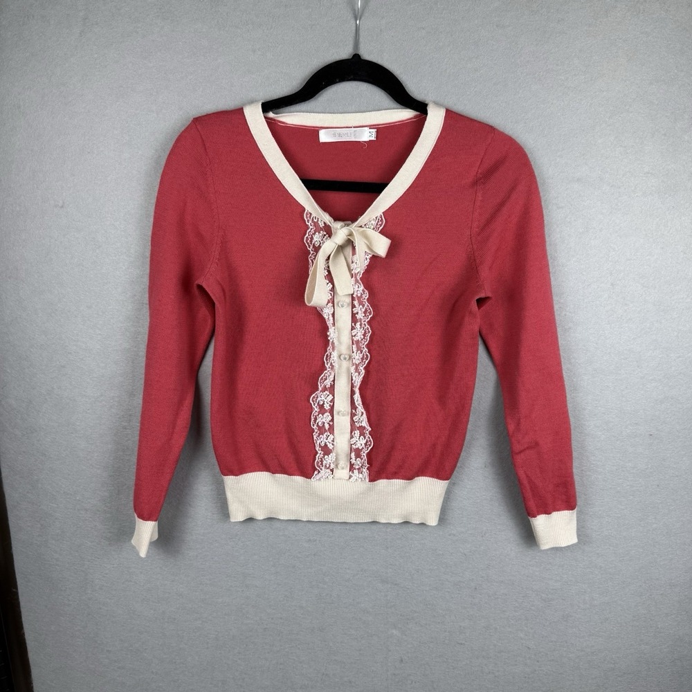 Women Sierli Coral Lace And Tie Sweater Sz M Librarian Chic Grandmacore Academia